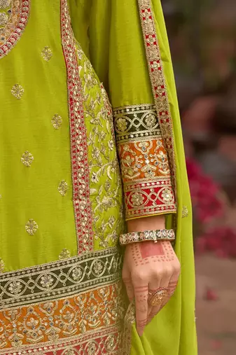 Floral Embroidered Sequinned Chinon Straight Kurta With Sharara & Dupatta