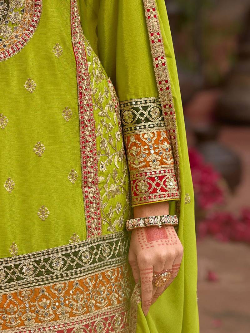 Floral Embroidered Sequinned Chinon Straight Kurta With Sharara & Dupatta