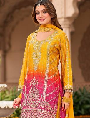 Floral Embroidered Zari Straight Kurta With Palazzos And Dupatta 1