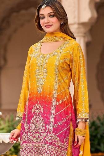 Floral Embroidered Zari Straight Kurta With Palazzos And Dupatta