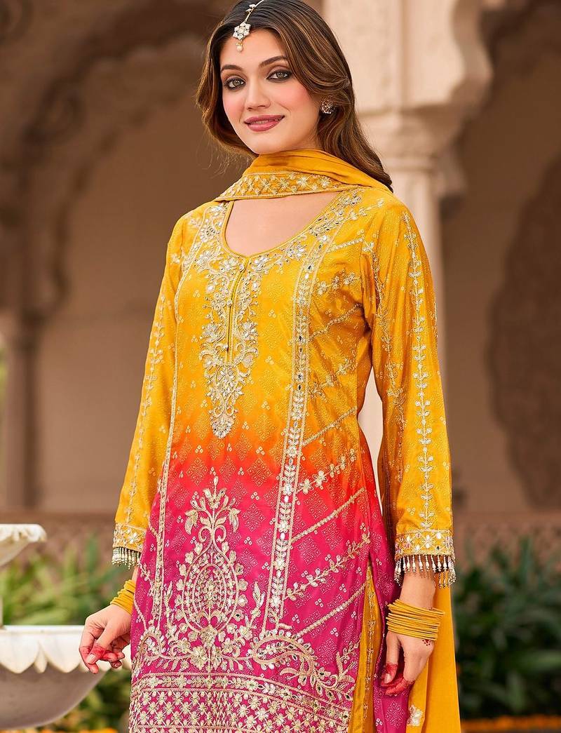 Floral Embroidered Zari Straight Kurta With Palazzos And Dupatta