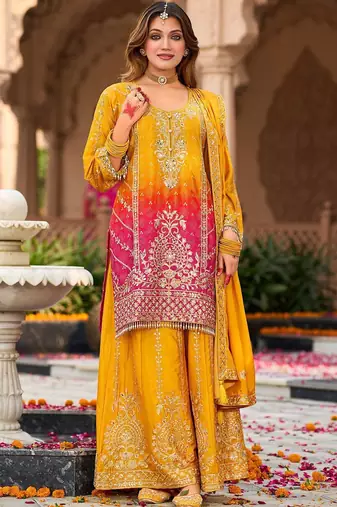 Floral Embroidered Zari Straight Kurta With Palazzos And Dupatta