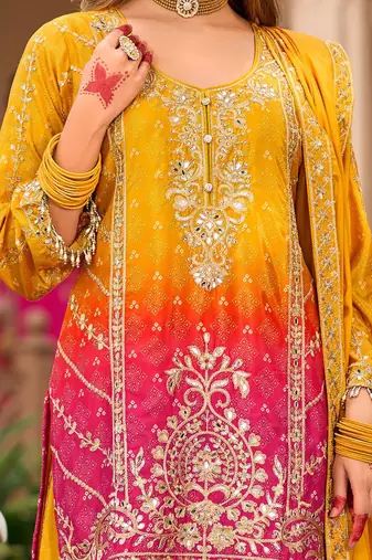 Floral Embroidered Zari Straight Kurta With Palazzos And Dupatta