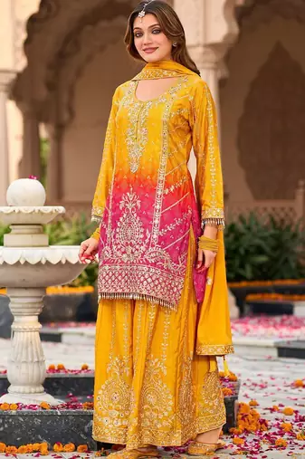 Floral Embroidered Zari Straight Kurta With Palazzos And Dupatta