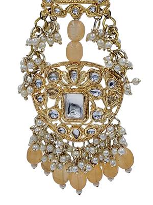 Antique gold kundan polki long jhumka earrings with yellow beads & pearl drops 5