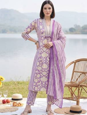 Women Floral Printed Panelled Mirror Work Pure Cotton Kurta with Trousers & With Dupatta 1