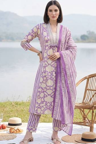 Women Floral Printed Panelled Mirror Work Pure Cotton Kurta with Trousers & With Dupatta