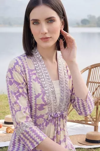 Women Floral Printed Panelled Mirror Work Pure Cotton Kurta with Trousers & With Dupatta