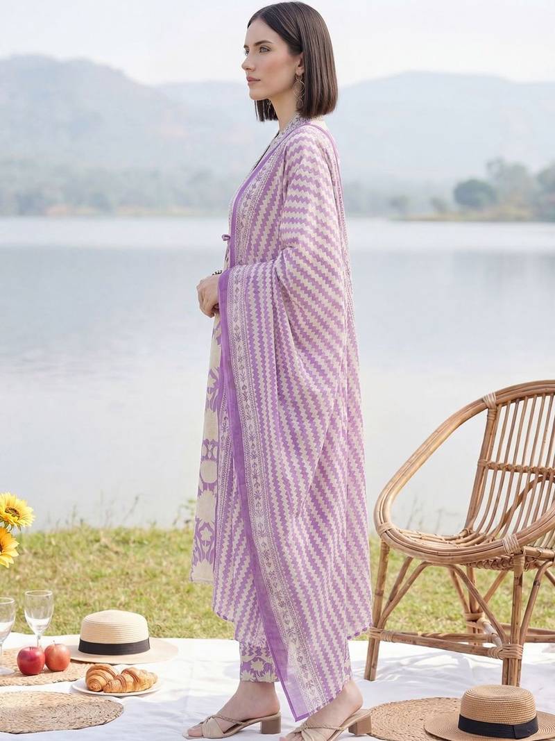 Women Floral Printed Panelled Mirror Work Pure Cotton Kurta with Trousers & With Dupatta