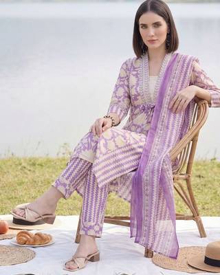 Women Floral Printed Panelled Mirror Work Pure Cotton Kurta with Trousers & With Dupatta 5