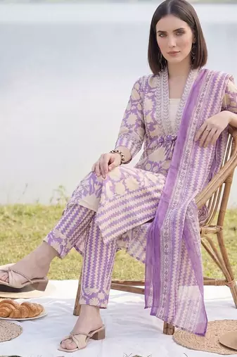 Women Floral Printed Panelled Mirror Work Pure Cotton Kurta with Trousers & With Dupatta