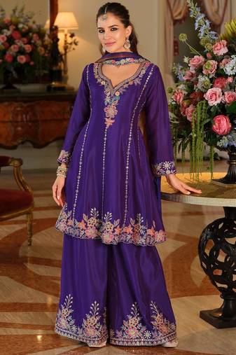 Women Ethnic Motifs Embroidered Empire Thread Work Kurta with Sharara & With Dupatta
