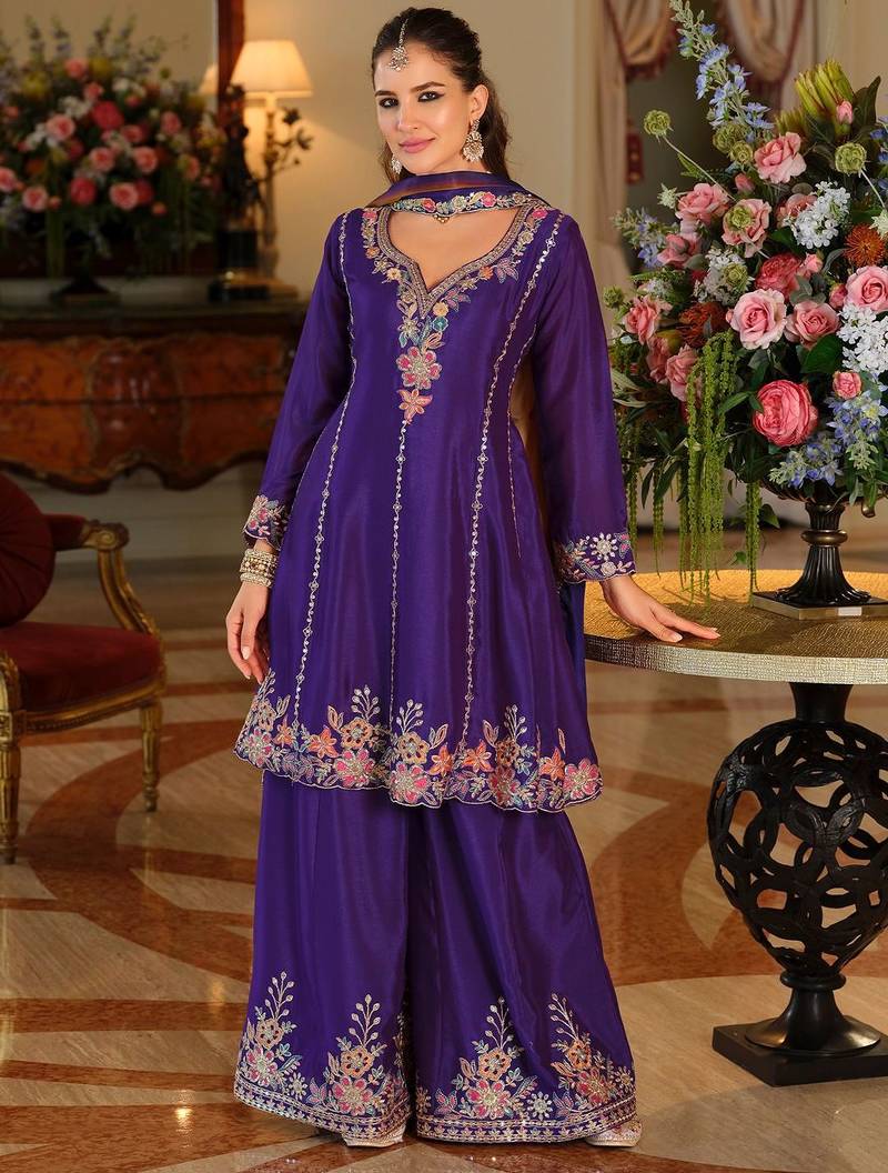 Women Ethnic Motifs Embroidered Empire Thread Work Kurta with Sharara & With Dupatta