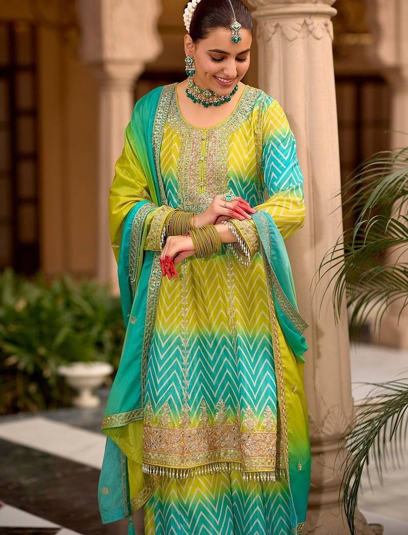 Women Embroidered Regular Sequinned Kurta with Palazzos & With Dupatta