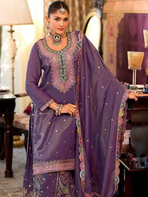 Floral Embroidered Sequinned Straight Kurta With Palazzos & Dupatta 1