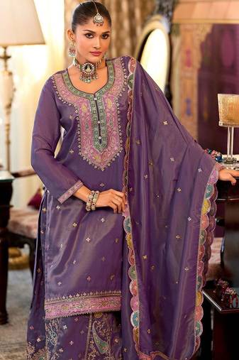 Floral Embroidered Sequinned Straight Kurta With Palazzos & Dupatta
