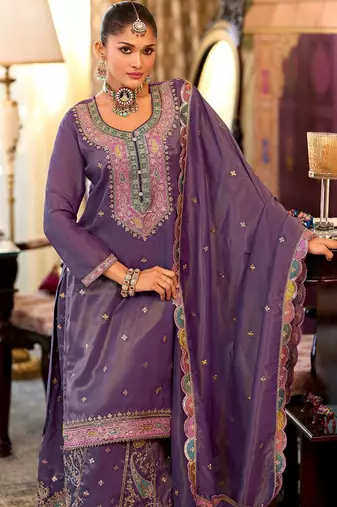 Floral Embroidered Sequinned Straight Kurta With Palazzos & Dupatta