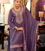 Floral Embroidered Sequinned Straight Kurta With Palazzos & Dupatta
