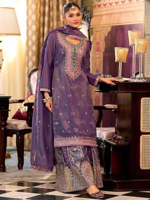 Floral Embroidered Sequinned Straight Kurta With Palazzos & Dupatta 2