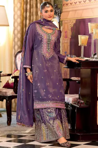 Floral Embroidered Sequinned Straight Kurta With Palazzos & Dupatta