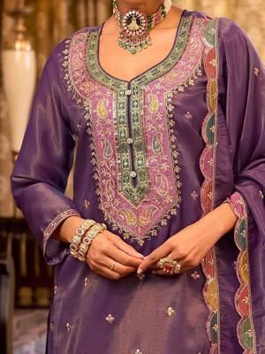 Floral Embroidered Sequinned Straight Kurta With Palazzos & Dupatta 3