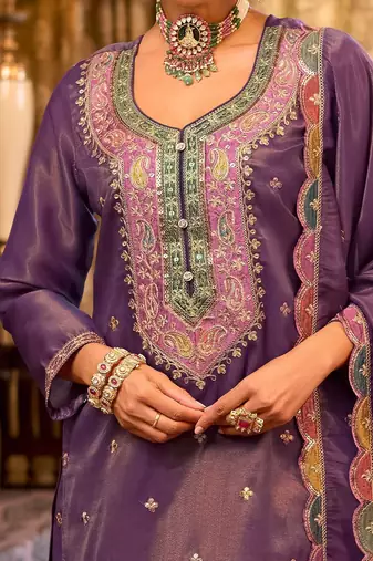 Floral Embroidered Sequinned Straight Kurta With Palazzos & Dupatta