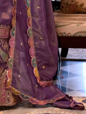 Floral Embroidered Sequinned Straight Kurta With Palazzos & Dupatta 4