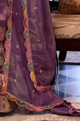Floral Embroidered Sequinned Straight Kurta With Palazzos & Dupatta