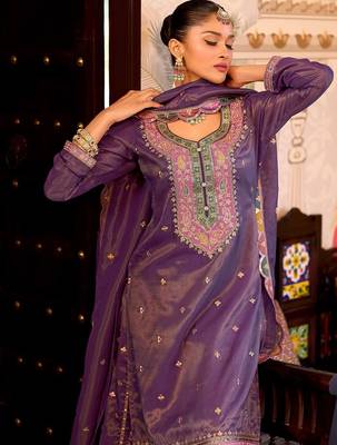 Floral Embroidered Sequinned Straight Kurta With Palazzos & Dupatta 5