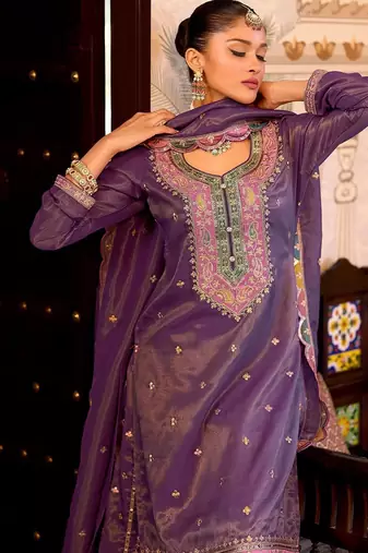 Floral Embroidered Sequinned Straight Kurta With Palazzos & Dupatta