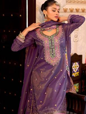 Floral Embroidered Sequinned Straight Kurta With Palazzos & Dupatta 6