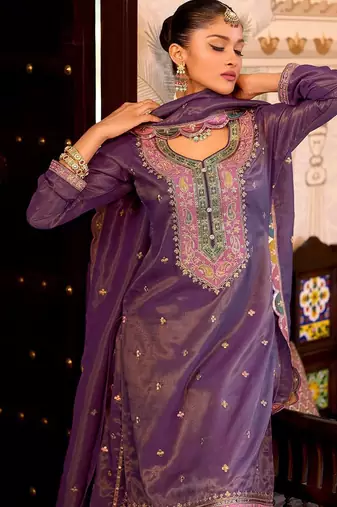 Floral Embroidered Sequinned Straight Kurta With Palazzos & Dupatta
