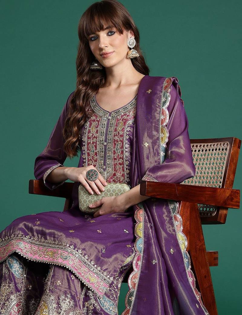 Ethnic Motifs Embroidered Sequinned Kurta with Palazzos & Dupatta