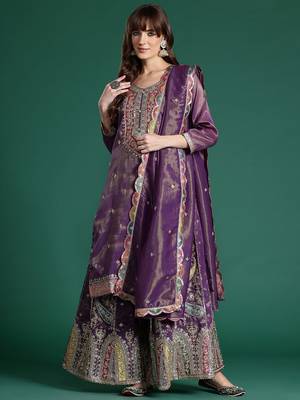 Ethnic Motifs Embroidered Sequinned Kurta with Palazzos & Dupatta 5