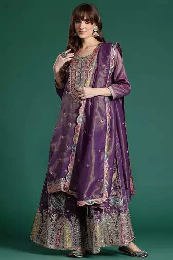Ethnic Motifs Embroidered Sequinned Kurta with Palazzos & Dupatta