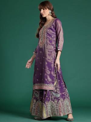 Ethnic Motifs Embroidered Sequinned Kurta with Palazzos & Dupatta 6