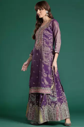 Ethnic Motifs Embroidered Sequinned Kurta with Palazzos & Dupatta