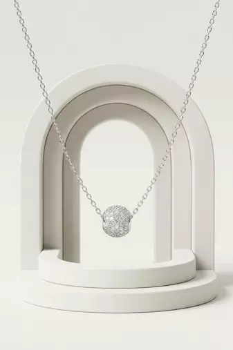 925 Sterling Silver Pave Crystal Sphere Pendant Necklace Set for Women