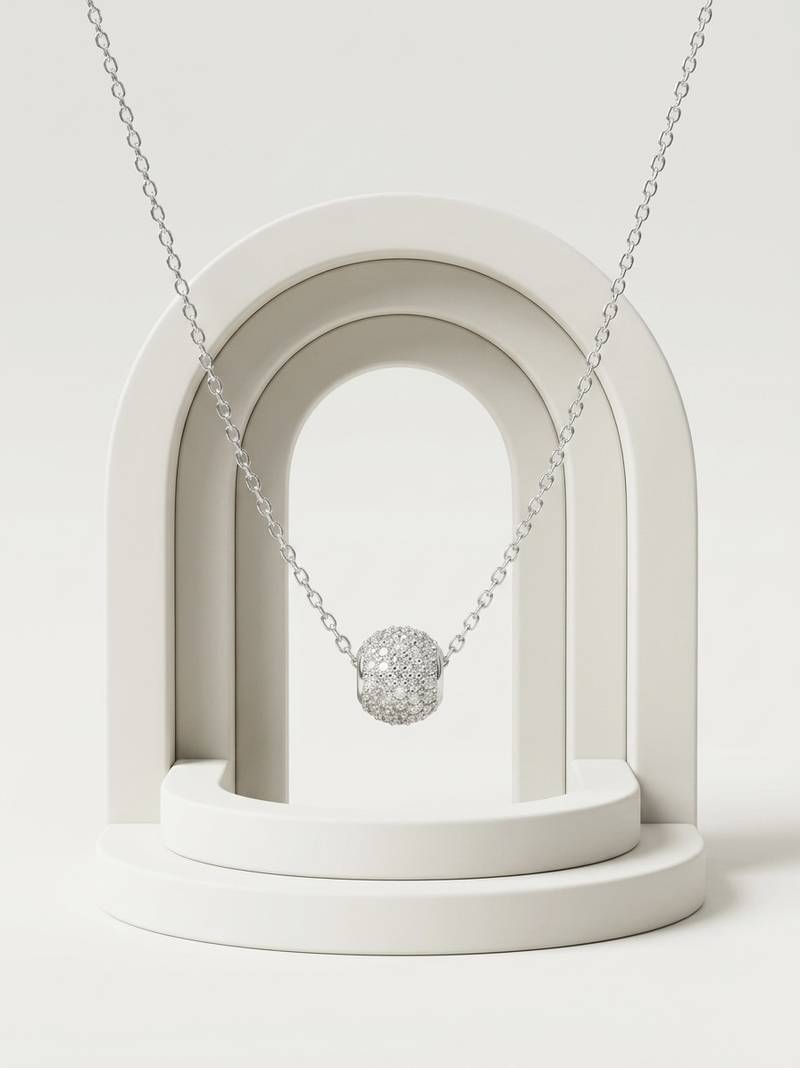 925 Sterling Silver Pave Crystal Sphere Pendant Necklace Set for Women