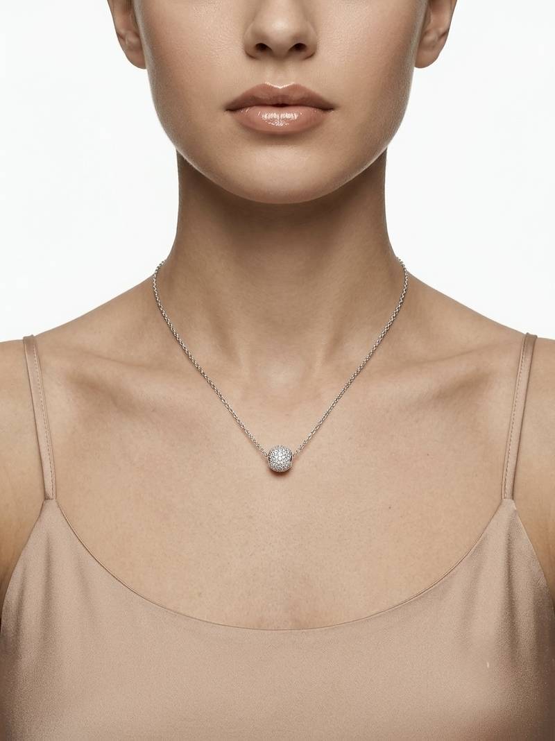 925 Sterling Silver Pave Crystal Sphere Pendant Necklace Set for Women