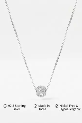 925 Sterling Silver Pave Crystal Sphere Pendant Necklace Set for Women