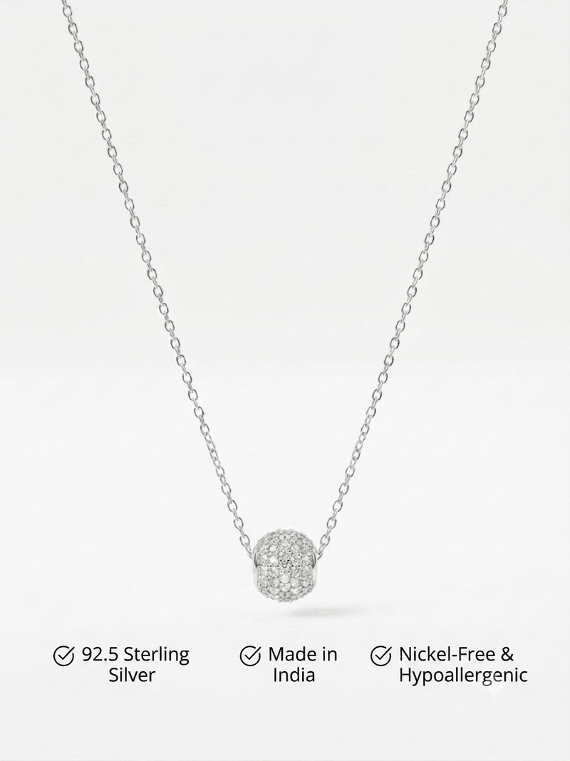 925 Sterling Silver Pave Crystal Sphere Pendant Necklace Set for Women