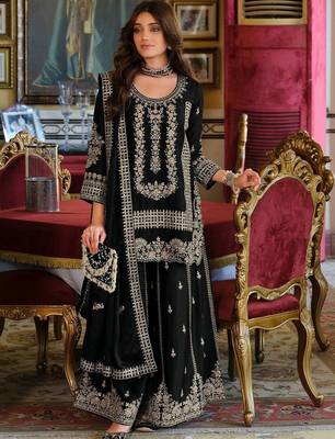 Women Ethnic Motifs Embroidered Regular Thread Work Kurta with Sharara & With Dupatta 1