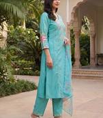 Women Floral Embroidered Regular Thread Work Kurta with Trousers & With Dupatta
