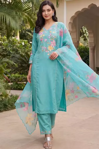 Women Floral Embroidered Regular Thread Work Kurta with Trousers & With Dupatta