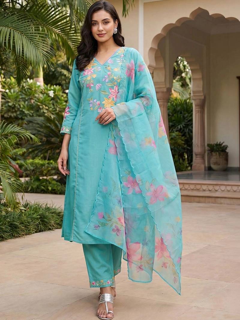 Women Floral Embroidered Regular Thread Work Kurta with Trousers & With Dupatta