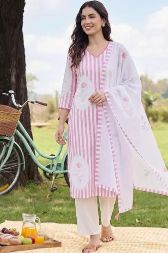 Women Striped Regular Linen Kurta with Trousers & With Dupatta