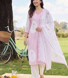 Women Striped Regular Linen Kurta with Trousers & With Dupatta