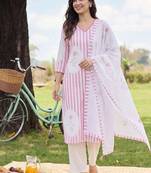 Women Striped Regular Linen Kurta with Trousers & With Dupatta