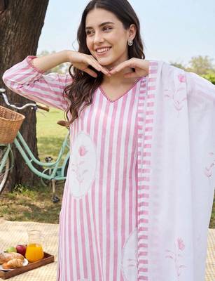 Women Striped Regular Linen Kurta with Trousers & With Dupatta 2